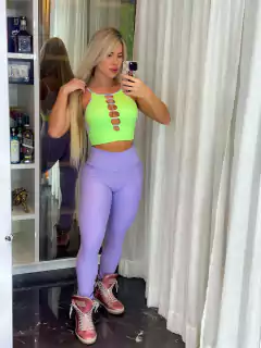 CONJUNTO GOOD VIBE LEGGING JACQUARD RELEVO LILÁS E CROPPED LIMA COM TULÊ EXCLUSIVO