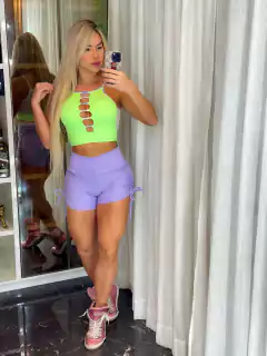 CONJUNTO GOOD VIBE SHORT LISO LILÁS E CROPPED LIMA COM TULÊ EXCLUSIVO