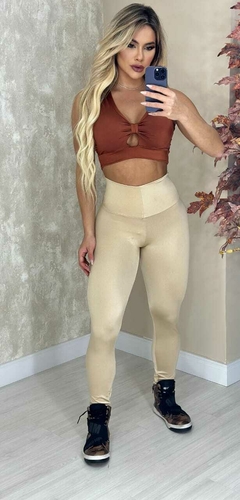 CONJUNTO CINTILANTE LEGGING CREME E TOP BRONZE EXCLUSIVO