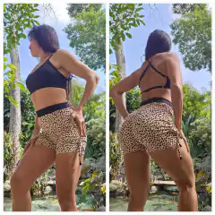 CONJUNTO CAROLINA SHORT ONCINHA NUDE E TOP PRETO EXCLUSIVO