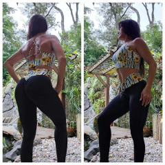 CONJUNTO LEGGING CÓS FRANZIR EMPINA BUMBUM PRETA E TOP GIRASSOL FUNDO BRANCO EXCLUSIVO