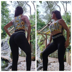 CONJUNTO LEGGING PRETA EMPINA BUMBUM E CROPPED GIRASSOL COM FUNDO BRANCO EXCLUSIVO