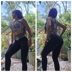 CONJUNTO LEGGING PRETA CÓS ALTO EMPINA BUMBUM E TOP SNAKE CINZA EXCLUSIVO