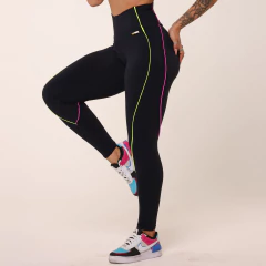 LEGGING HOPE COMUM PRETA COM AMARELO NEON E VIOLETA