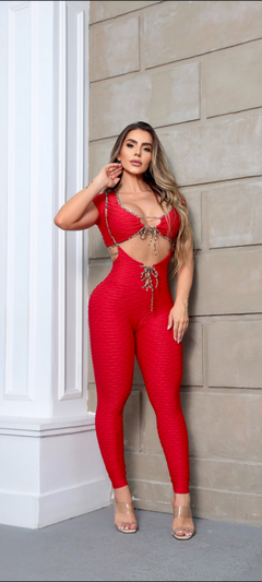 CONJUNTO ELEGANCE JARDINEIRA RED BOLHA ONÇA EXCLUSIVO