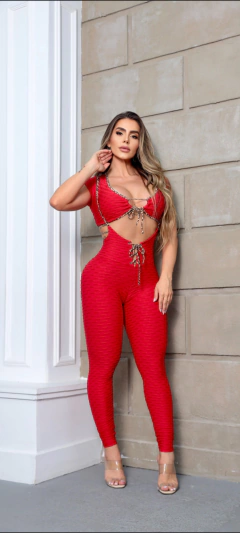 CONJUNTO ELEGANCE JARDINEIRA RED BOLHA ONÇA EXCLUSIVO