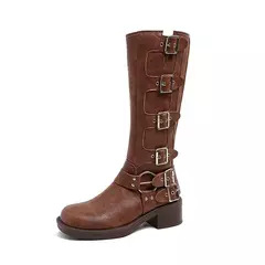 bota biker cano longo feminina em couro com fivelas tendência inverno 2024 over the knee