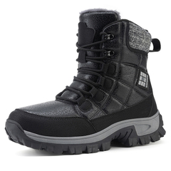 Bota de couro impermeável com forro térmico, ideal para inverno, na cor preta com detalhes em cinza.