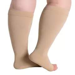 Meia de média compressão 3/4 tamanho plus size para varizes lipedema linfedema dedo aberto sem zíper