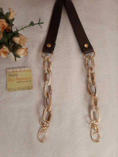 Alça elos resina bege mesclado com couro eco 60 cm - Ateliê Bel Marcato