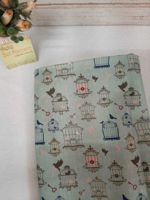 Tecido para artesanato estampado gaiola pássaro 50x75 cm