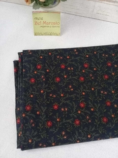 Tecido importado MARAVILHOSO 50x110CM largura preto com mini flor vermelho