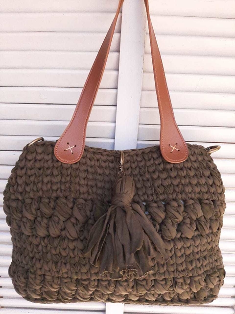 Bolsa de crochê grande verde exército e alça couro eco Ref 76