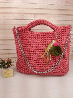 Maxi Bolsa de crochê rosa mesclado fundo+alça+chaveiro Ref 114