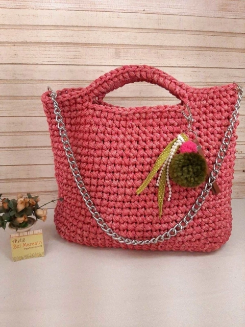 Maxi Bolsa de crochê rosa mesclado fundo+alça+chaveiro Ref 114