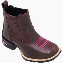 Botina Infantil Feminina Cano Curto Marrom Bordado Rosa - Django Boots - Botas Texanas Country em Couro, Adulta, Infantil, Masculina e Feminina