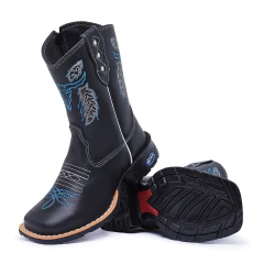 Bota Texana Infantil Boi Flores Azul Couro Legitimo - Django Boots - Botas Texanas Country em Couro, Adulta, Infantil, Masculina e Feminina