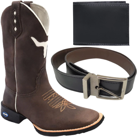 Bota Texana Em Couro Bordada + Cinto Dupla Face + Carteira