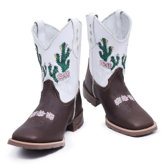 Bota Botina Texana Feminina em Couro Bordado Cactos Bca Forma Bico Quadrado - Django Boots - Botas Texanas Country em Couro, Adulta, Infantil, Masculina e Feminina