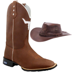 Bota Texana Em Couro Bordada + Chapéu de Couro Legítimo