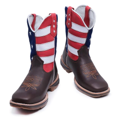 Bota Botina Texana em Couro Bordado USA Estrelado Sola Jump Bico Quadrado - Django Boots - Botas Texanas Country em Couro, Adulta, Infantil, Masculina e Feminina