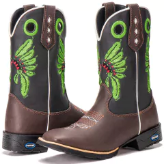 Bota Texana Em Couro Bordada Índio Cocar + Chapéu de Couro - Django Boots - Botas Texanas Country em Couro, Adulta, Infantil, Masculina e Feminina