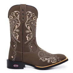 Bota Texana Feminina Flores Negras Bege Couro - comprar online