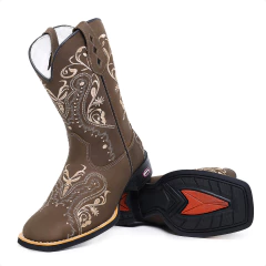 Bota Texana Feminina Flores Negras Bege Couro - Django Boots - Botas Texanas Country em Couro, Adulta, Infantil, Masculina e Feminina