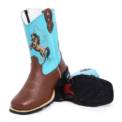 Bota Texana Infantil Cavalo Azul Com Ziper - Django Boots - Botas Texanas Country em Couro, Adulta, Infantil, Masculina e Feminina