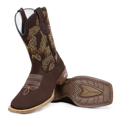 Bota Texana Feminina Strass Brilho Couro Legitimo - Django Boots - Botas Texanas Country em Couro, Adulta, Infantil, Masculina e Feminina