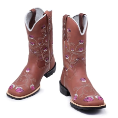 Bota Botina Texana Feminina em Couro Bordado Flores Forma Bico Quadrado - Django Boots - Botas Texanas Country em Couro, Adulta, Infantil, Masculina e Feminina