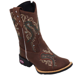 Bota Texana Infantil Menina Couro Legítimo Bordado Ramos Coloridos