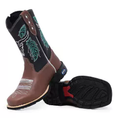 Bota Texana Infantil Em Couro Legítimo Bordado Boi Flores Com Zíper Sola Borracha Bico Quadrado - comprar online
