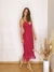 Vestido Midi transpassado Devorê Floral Framboesa com Franjas