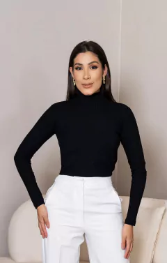 CAMISETA CANELADA MANGAS LONGAS, PRETO