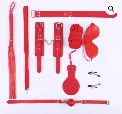 Kit BDSM Bondage Vermelho Palmatória/Mordaça 8 peças