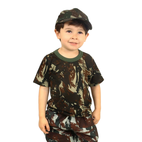 (US 1.6201 + US 1.001820003EB + US 1.001234EB) Kit Camiseta Infantil Poliviscose Padrão EB + Calça Camuflada Poliéster + Boné - Elite