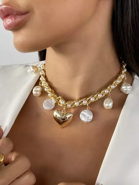 COLAR GRUMET CORAÇÃO CHEIO COM PÉROLAS - FOLHEADO A OURO