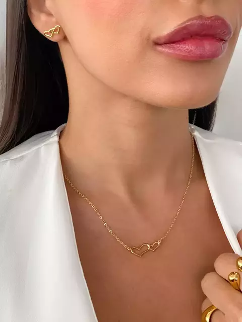 CONJUNTO COLAR + BRINCO DOIS CORAÇÕES - FOLHEADO A OURO - comprar online