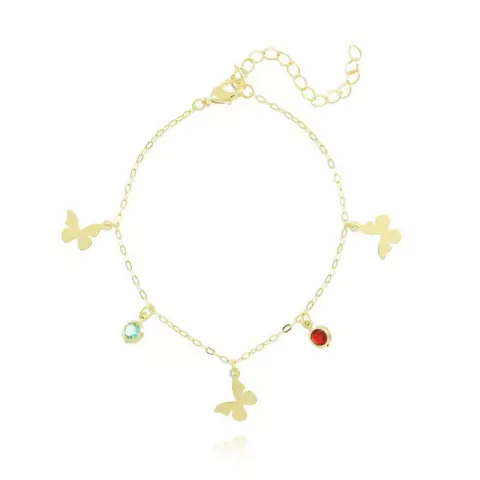 PULSEIRA COM PINGENTES DE BORBOLETA COM ZIRCÔNIA COLORIDAS FOLHEADO A OURO 18K