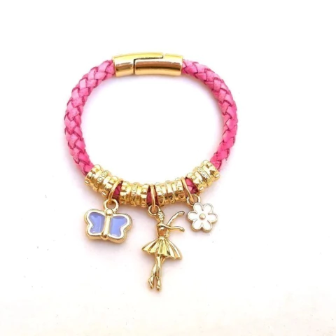 PULSEIRA ROSA PINGENTE BAILARINA COM BORBOLETA E FLOR