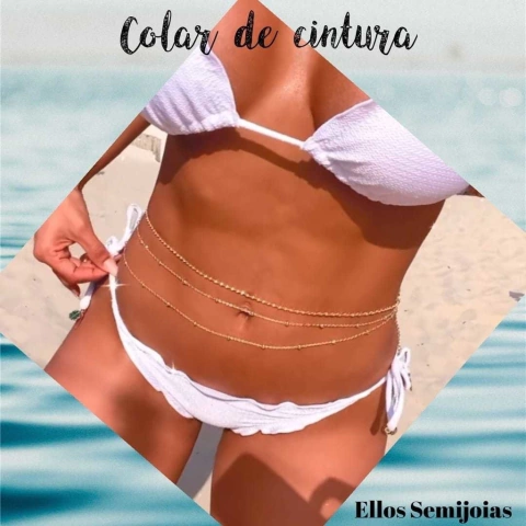 Colar de cintura corrente tripla verão ródio branco