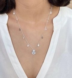 Colar Pedra Cristal com Gotas Prata
