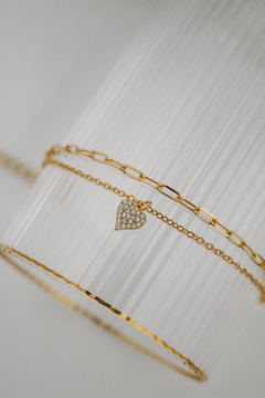 Pulseira Dupla Coração Cravejado Ouro