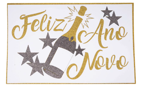 Painel Feliz Ano Novo Espumante 53x35 cm EVA Branco Dourado e Prata EVA Vivarte - Inspire sua Festa Loja