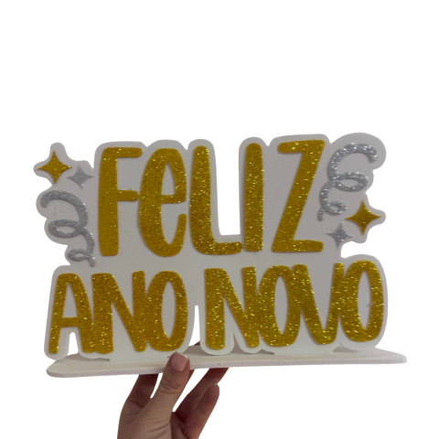 Enfeite de Mesa Glitter Réveillon Feliz Ano Novo 32,5 x 21 cm Prata ou Dourado Piffer Festas - Inspire sua Festa Loja - Inspire sua Festa Loja