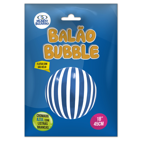 Balão Bubble Cromado Azul com Listras Brancas 18 polegadas 45 Cm Mundo Bizarro - Inspire sua Festa Loja