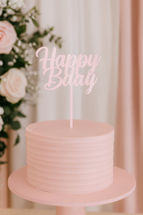 Topo Topper de Bolo Happy Bday Rosa 13,5 cm Acrílico Vivarte - Inspire sua Festa Loja - comprar online