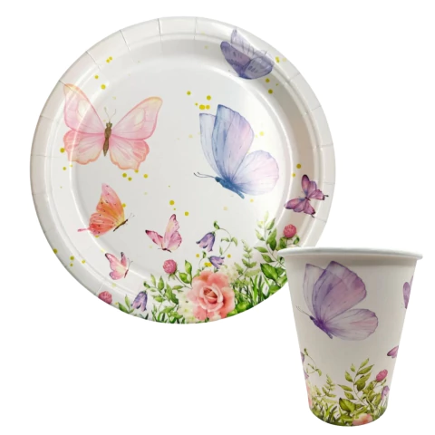 Kit 8 Copos + 8 Pratos de Papel Festa Jardim das Borboletas Ponto das Festas - Inspire sua Festa Loja - comprar online