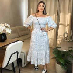 Vestido Maxi Midi Poa Branco